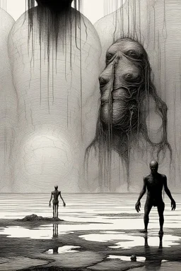 The full body of two fat old men , a thin line draw ، Siamese brothers with one body of two heads , front view camera, decayed and rotting with grotesque proportions and imagery. surreal horror, biomechanical design, by hr giger and beksinski , fine lines draw