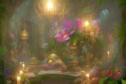 Tropical flowers,heart drawing, crystals, tropical leaves, sacred altar, Fantasy temple