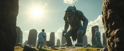 scientists studying huge stone garden troll in pain in the sun