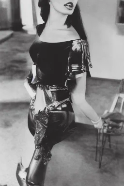 Sophia Loren dressed in shiny black leather, realistic, fantasy, black and white, classic hollywood style, low key
