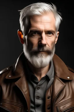 portraint of a man with white hair, skinny face, muscles, brown leather jacket, and beard, age 27