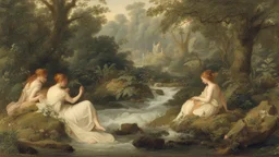 Nymphs sitting next to a stream, in a woodland clearing