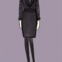 Fashion sketch of dress, black dress with black long sleeves, white collar, lace and silk, modern, conceptual design