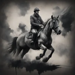 A man on horse in a Hyper Realistic Aerial Grungy Dark-Grey Brush strokes on a dark rustic background with charcoals