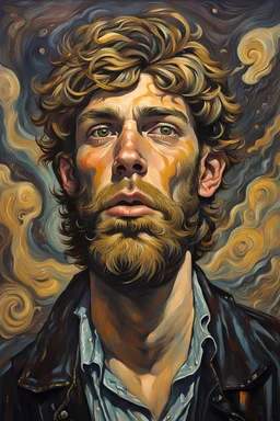 Otherworldly, John Bratby painting of young beardy Wesley Wood-Colby Keller Golden dark king want to grab you, Epic Shakesperian murales, paranormal art, avant garde pop surrealism, dark intriguing nightmarish, fantasy, dark, moody, artwork by Gerald brom, bizarre art, abnormal behaviour, surreal, random and thought provoking, pop surrealism, ((art by Francis bacon)), surreal composition, moody vivid dark, flat colour floor, psychological, intriguing, paradoxical Art, Mar
