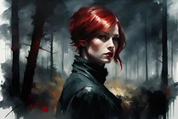 muscular stunning tall russian woman 30yo with deep red bob hair at night under a full moon by a woods :: dark mysterious esoteric atmosphere :: digital matt painting with rough paint strokes by Jeremy Mann + Carne Griffiths + Leonid Afremov, black canvas, dramatic shading