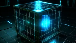 Cube tesseract from movie Loki. Located strictly in the middle of picture with space around it and with navy blue/green glow inside tesseract. Without surface/table on which it stay. Will be used for 404 error page.