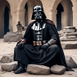 covered with tattoos: Darth Vader as a tattooed gangsta monk with collars and bracelets, he is sit on the stones of his bloody monastery, he is relax and smokes, his outfit is dusty, rusty, nd bloody: he was Born Ready