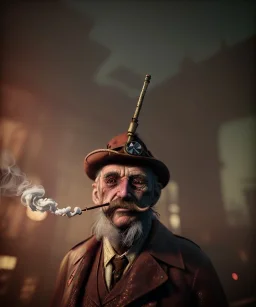 Surreal, steampunk, cabaret scene. Russian old man. Sweat, rain, smoking, happy, hot, color fog, people background, highly detailed, concept art, unreal engine 5, god rays, ray tracing, RTX, lumen lighting, ultra detail, volumetric lighting, 3d, finely drawn, high definition, high resolution.