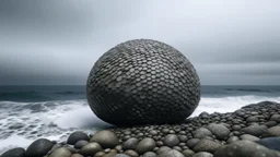 MINIMALIST SPHERICAL BUILDING ON A ROCKY BEACH, Excited, Polished, Fingerprint pattern, Rainy, Millefleur