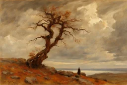 dry trees, autumn, clouds, rocks, one person, horror gothic movies influence, wilfrid de glehn and henry scott tuke impressionism painting