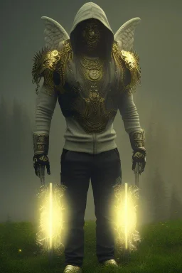 running berserker portrait , no face, black jogging suite , in the night Alps , holding coins , angels background, volumetric gold light, high detail, dark leaf tree, dark mountains in background, perfect, HR Giger style