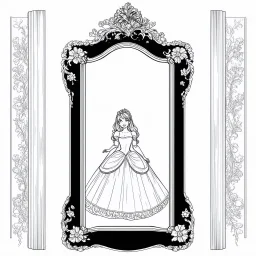 Make black and white cute drawing of a Enchanted Mirror with black bold lines. Only outline, no grayscale. A tall, ornate mirror with an intricate golden frame shaped like vines and flowers. In the reflection, show a magical princess