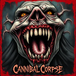 Pestilential rictus, Grin is fixed in misery, rancid rotting maw, illustrative style by Vincent Locke, unbalanced, offset, non-symmetrical surreal horror, text "Cannibal Corpse" album cover aesthetic in a death metal font