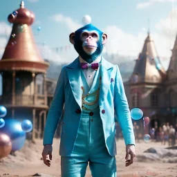 Ultra realistic circus scene. Blue Monkey man, waist up view, Wes Anderson style, happy, bubbles, party, confeti, highly detailed, concept art, unreal engine 5, god rays, ray tracing, RTX, lumen lighting, ultra detail, volumetric lighting, 3d, finely drawn, high definition, high resolution.