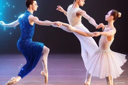 very beautiful a ballet male and female dancers couple in very pretty clothing dancing ,hyper realistic ,disco lights,very luxury dance stage ,with nice light sources and devices in stage, close up