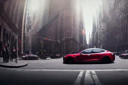 A Tesla 'Model Y' is parked, on 'Wall Street', in New York. (CINEMATIC, WIDE ANGLE LENS, PHOTO REAL)