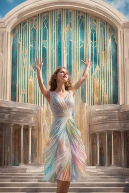 Photorealistic young woman in a dress, standing, with arms raised, looking at the front of an art deco building at midday, with coloured auras swirling around her