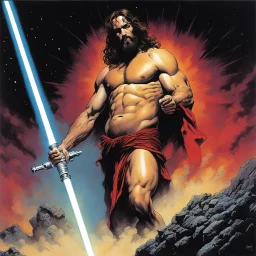 [art by Richard Corben] Jesus with a lightsaber opening the belly of the devil