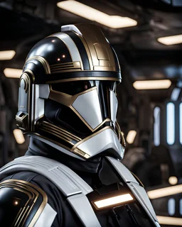 star wars bald male corellian pilot wearing pearlescent black and gunmetal grey First Order special forces armored flightsuit and helmet with gold trim inside the jedi temple, centered head and shoulders portrait, hyperdetailed, dynamic lighting, hyperdetailed background, 8k resolution, volumetric lighting, light skin, fully symmetric details