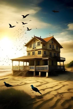 big house, beach, birds, sun