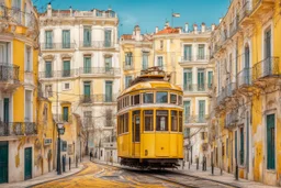 lisbon city view with famous yellow tram in klimt style