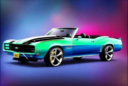 pen and color marker, true-to-life 1969 chevrolet camaro convertible pro street, two-tone paintwork, classic hotrod wheels, centered, intricate, extreme detailed, photorealism, center view, stylized random background, pivot on camaro, painting by cheryl kelley