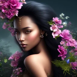 black skin fairy, beautiful portrait, flowery landscape