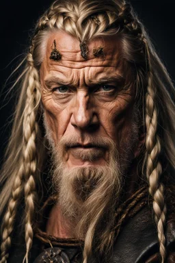 portrait of a 60-year-old viking , long blond hair with Two braids hung down neatly in front of his ears. Rugged face with a scar. blonde beard, fantasy