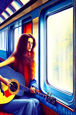 profile painting of a long haired woman with guitar riding an old train and looking out the window.