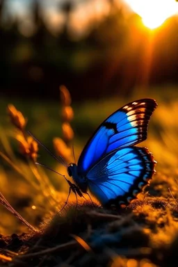 Mariposa azul al atardecer