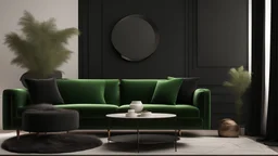 Black interior with green velour sofa, table, fur carpet and decor. 3d render illustration mock up.