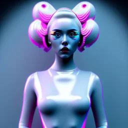 blonde woman teenager, geisha, retro futuristic, latex dress, gradient color, BLUE, PINK, CYAN, neon, insanely detailed, 16k resolution, perfect eyes, cinematic smooth, intricate detail