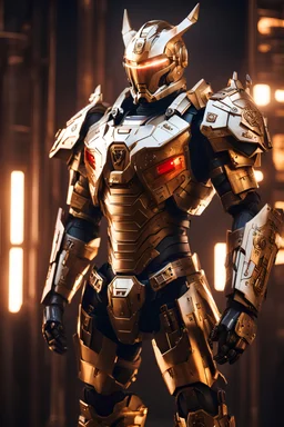 Police SWAT mechanical robo warrior character, anthropomorphic figure, wearing futuristic mecha warrior armor and weapons, reflection mapping, realistic figure, hyperdetailed, cinematic lighting photography, 32k uhd with a golden staff, red lighting on suit