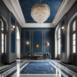 luxury hall ,tiled blue and gray large floor,