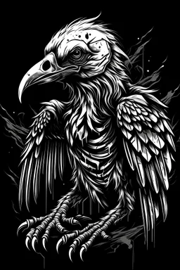 A decaying vulture in deathcore, horror, macabre style, black and white, vector illustration