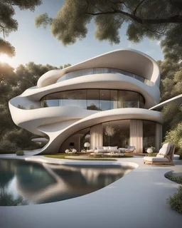 Perspectiva Casa campestre estilo Saha Hadid en forma flor, espectacular, impactante, calidad ultra, maximalista, 8k