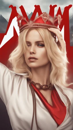 A blonde girl is blindfolded with a red cloth, with a necklace bearing the letter M around her neck. Cinematic picture