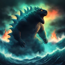 Godzilla rising from the depths, in glowing art style, background toxic ocean