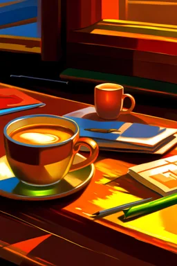 painting by da vinci of a cup of hot coffee sitting on a office desk in the morning sun