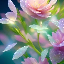 one big crystal subtle flower in a galactic ambiance with a beautiful fairy, transparent petals, delicate colors, finely tuned detail, ultra high definition, 8 k, unreal engine 5, ultra sharp focus