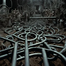 [colour high res photo: Night of the Living Dead (1968) by Romero] In a climactic moment, intricate pipes appear, twisting and turning in a maze of complexity. Characters watch in awe as the pipes emit a harmonious hum, resonating with inexplicable power. Each pipe is adorned with ornate engravings and pulsating lights, forming a mesmerizing sight.