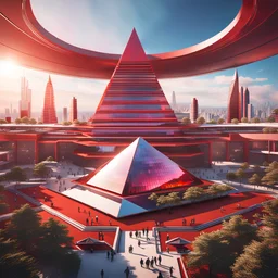 city in 2100, a large red iridescent pyramid building dominating the city :: 8K, 3D, Octane Render, VRay, Unreal Engine 5, Hyperdetailed, intricate, HDR, extremely realistic evolution of future architecture, photorealism, colourful, blue sky over a clean environment, award winning, crisp quality, masterpiece, fantastic view, digital art, airbrush art, ink drawing, sharp focus, high contrast, depth of field