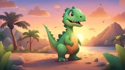 Photo of kids with cute little lone dinosaur with beautiful sunset style cartoon