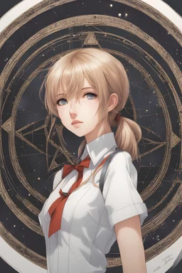 Marion Adnams, Kore Yamazaki, Surreal, mysterious, strange, fantastical, fantasy, Sci-fi, Japanese anime, compass and ruler, beautiful high school girl in a miniskirt drawing a circle, perfect body From basic geometric knowledge, beautiful theorems, drawing methods, detailed master