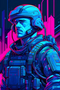 us men soldier with rilfe, with blue background colour, neons in cyberpunk styles, name SZCZEPAN