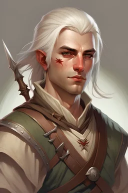 Generate a dungeons and dragons character portrait of a beautiful male swashbuckler Rogue aasimar with a rapier. He has Short silver-white hair. He has red eyes. He has a youthful and rounder face.