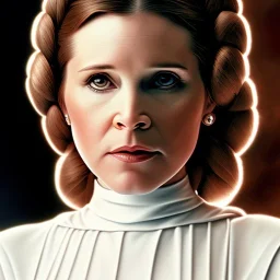 extremely detailed 8k hyperspace wallpaper,complete and photo realistic detailed head to waist stunning photo realistic portrait of carrie fisher as Princess Leia in star wars with photo realistic fine and simple hairstyle, brown eyes, professional majestic photo realistic painting by Ed Blinkey, Atey Ghailan, by Jeremy Mann, Greg Manchess, Antonio Moro, trending on ArtStation, Intricate, High Detail, Sharp focus, dramatic, by greg rutkowski, realism, beautiful and detailed lighting,