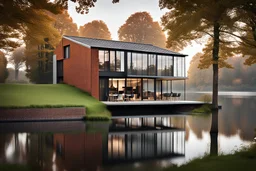 a two storey danish house next to a lake made from bricks and a steel roof, terrace in front and a balcony
