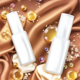 two cosmetics bottles are on a silk fabric, behind a beautiful floral spring floral background, the picture is top view, in the background there are beautiful soap bubbles, molecules and honeycombs, high-quality picture, top view